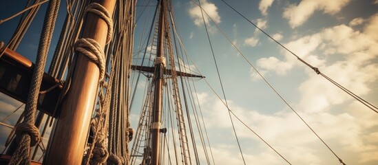 Obraz premium Tall wooden sailboat mast with intricate rigging against a dramatic sky showcasing maritime craftsmanship and adventure.
