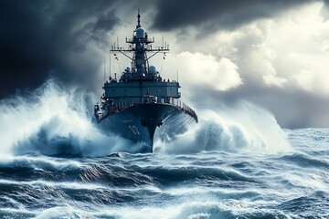 A naval ship navigates through turbulent seas under a dramatic sky.