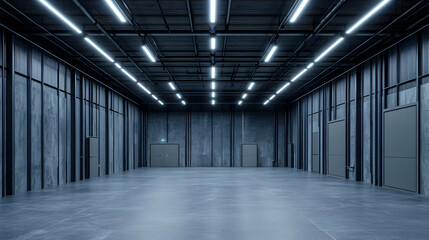 Industrial Concrete Warehouse Interior with Fluorescent Lighting