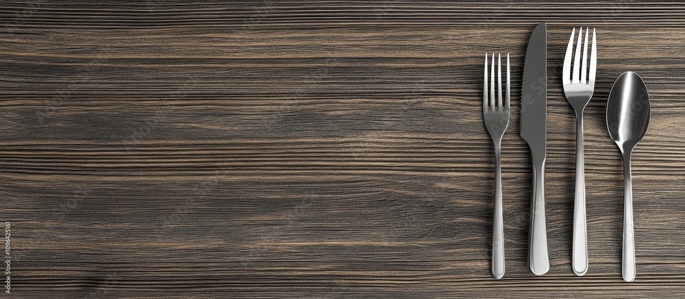 Aufkleber Multifunctional cutlery set arranged on a rustic wooden table with spacious area for text and design elements in a modern culinary context
