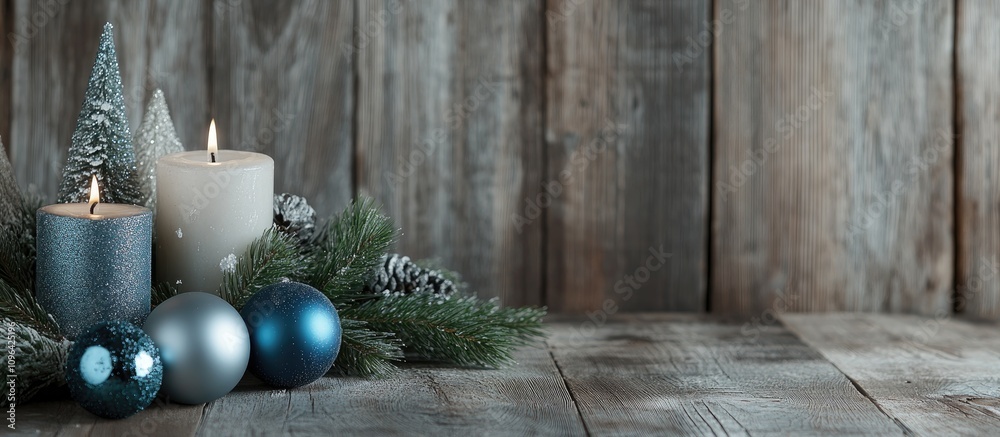 Poster festive silver and blue baubles with candles and greenery on rustic wood background creating a warm 