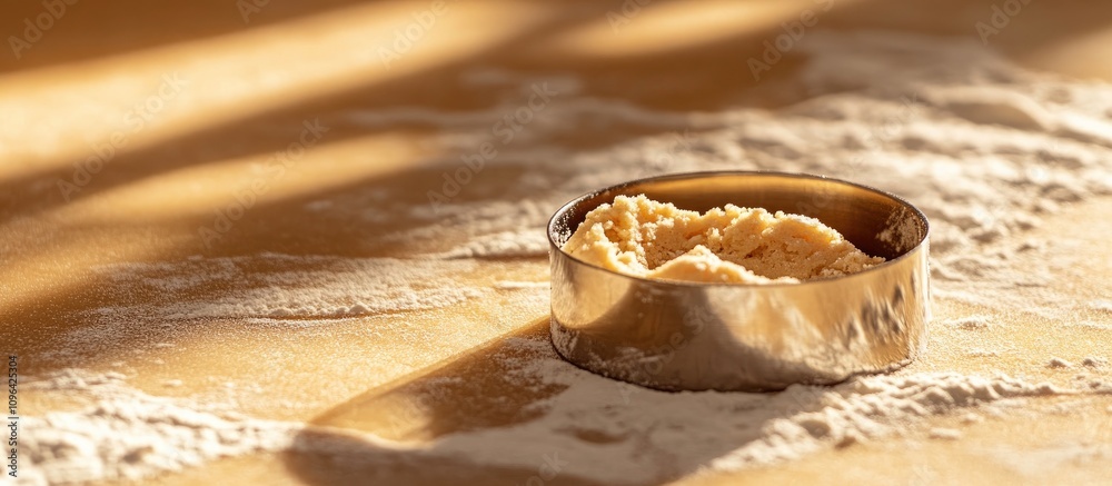 Poster metallic cookie cutter on floury surface with soft shadows highlighting the dough during baking prep
