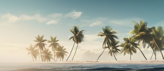 Serene beach scene with lush palm trees against a tranquil ocean and clear sky during sunrise or sunset