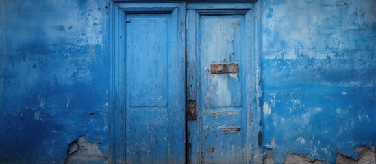 Weathered blue double doors with peeling paint and rustic textures against a grungy wall background in an aged atmosphere