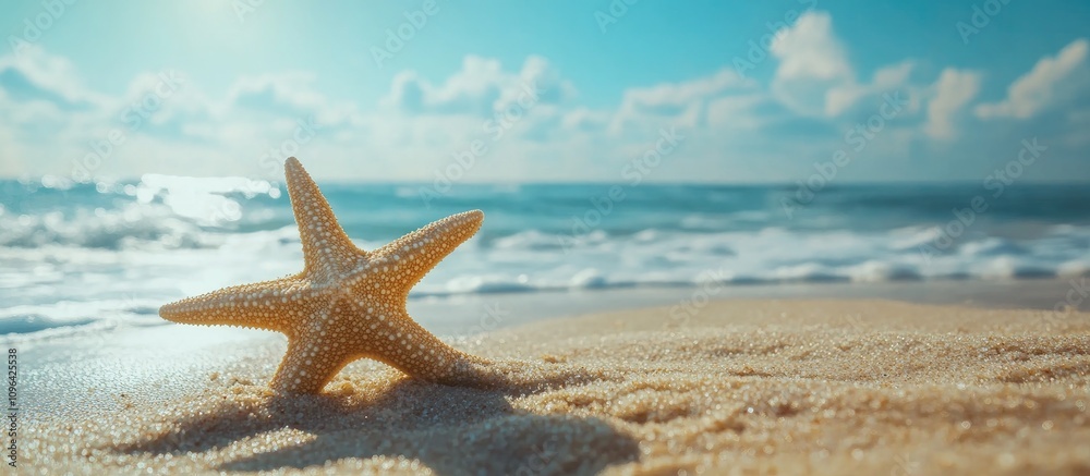 Aufkleber starfish resting on sandy beach with ocean waves under a bright sky and fluffy clouds in the backgro