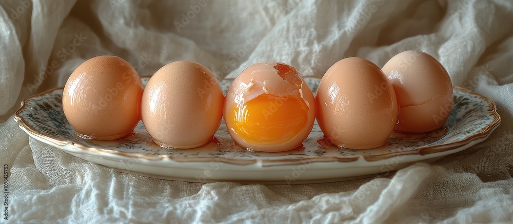 Aufkleber fresh raw eggs displayed on an elegant plate with soft drapery in a natural setting, highlighting th