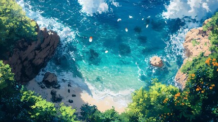 Fototapeta premium Serene coastal view overlooking vibrant turquoise waters and rocky shorelines.