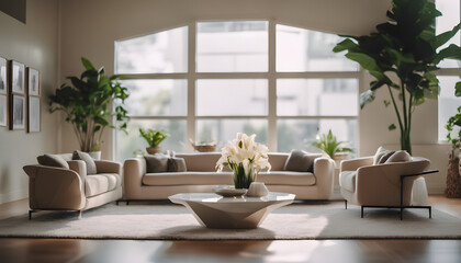 Modern living room interior with fireplace, adorned with a floral arrangement in a glass vase on the wooden table, bathed in soft natural light