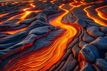 Lava flow close-up with fiery river and contrasting rock texture