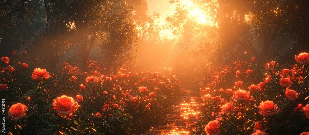 Poster serene sunset over a rose garden with golden light filtering through trees creating a romantic and d