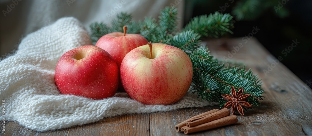 Aufkleber red apples with cinnamon and star anise on rustic wooden table decorated with fir branches and a coz