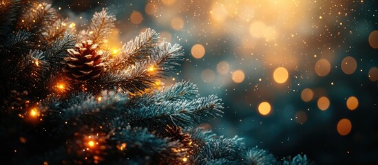 Fototapeta premium Festive Christmas tree adorned with lights and pinecones against a vibrant bokeh background creating a warm holiday atmosphere