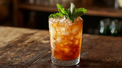 Classic Arnold Palmer drink with layers of iced tea and lemonade, served in a tall glass with a lemon wedge, cozy summer setting