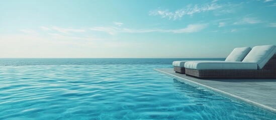 Fototapeta premium Serene infinity pool and beach lounge for relaxation during a luxurious holiday escape at sunset by the ocean