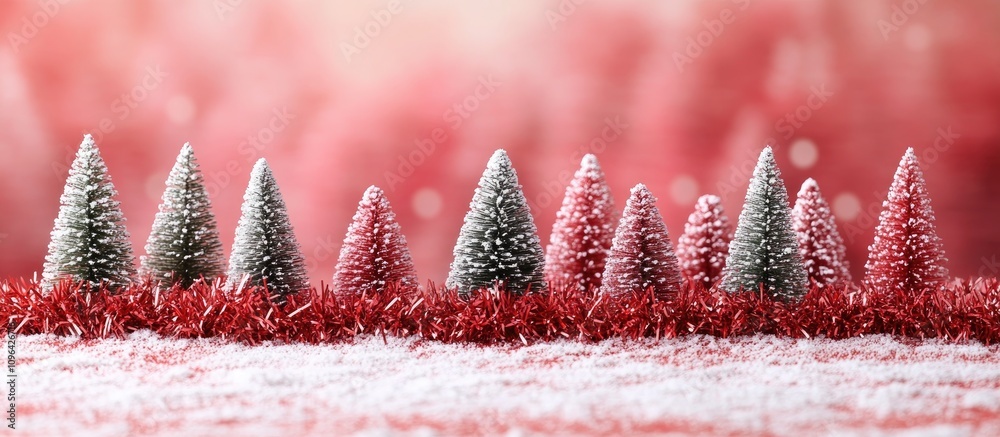 Poster Miniature Christmas trees with red tinsel on snow-like background Creating a festive postcard template with space for personalized text