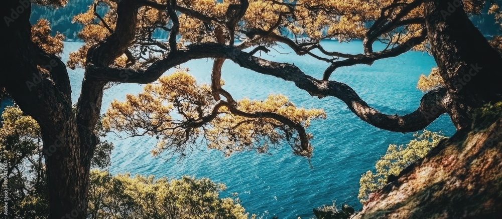 Aufkleber serene view of trees framing a tranquil sea and clear blue sky in a natural landscape setting