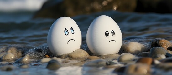 Two expressive eggs with faces sitting on a rocky shore by the water's edge during daytime