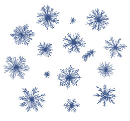 Beautiful set blue snowflakes isolated on a white background for winter design. Collection of Christmas New Year elements. Hand drawn doodles