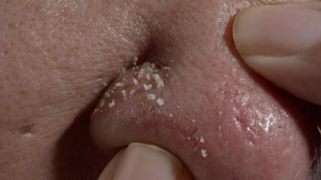 Squeezing pimples on the nose with hands. Pushing and squeezing to release the clogged acne sebum. Close up skin pore clogged acne sebum. Many clogged acne released on the nose. Skin problem concept.