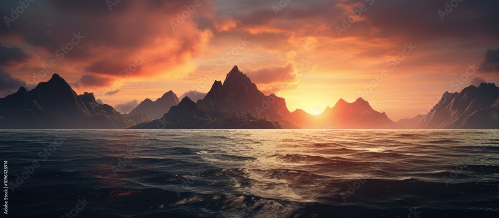 Aufkleber serene sunset over water with submerged mountains and dramatic clouds creating a tranquil natural la