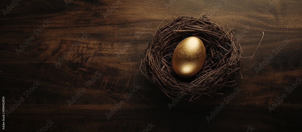 Aufkleber gold painted egg nestled in a bird's nest on dark wooden table with copy space for easter or spring-