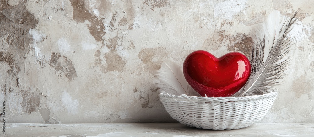 Poster red heart and white feathers in a wicker basket on textured background for romantic or decorative th