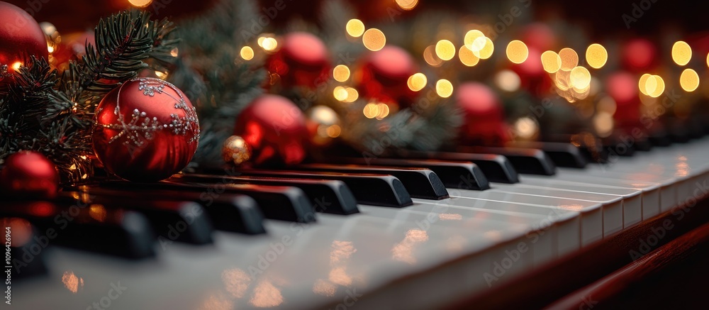 Aufkleber decorative piano keys surrounded by festive ornaments and lights creating a holiday atmosphere in a 