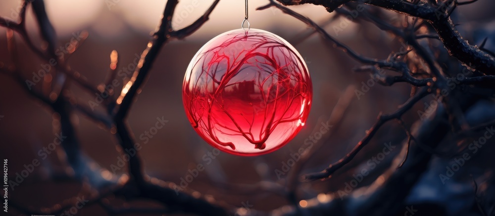 Aufkleber red glass ornament hanging on bare tree branches during sunset creating a warm and atmospheric holid