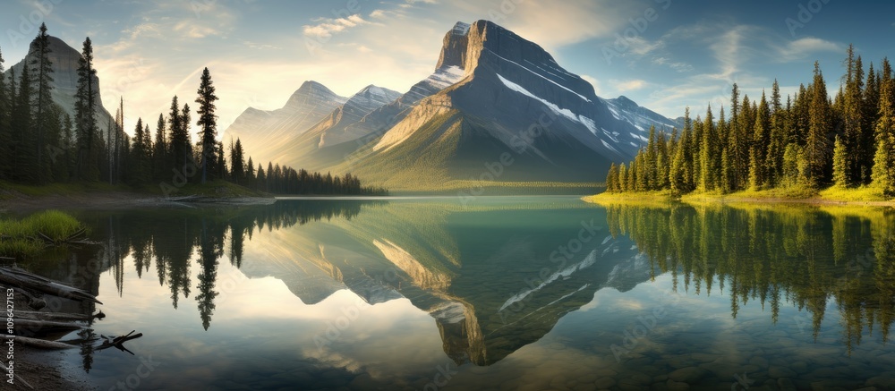 Poster serene mountain reflection in calm lake at dawn with lush greenery and soft morning light