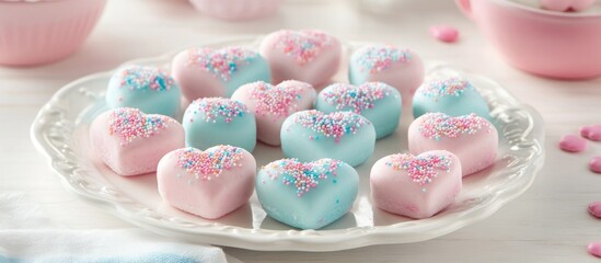 Colorful heart-shaped sweet tart candies decorated with sprinkles on a white plate for Valentine's Day celebration.