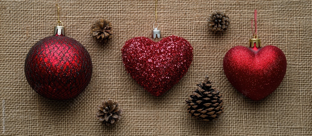 Poster red christmas ornaments including cones and hearts on a textured canvas backdrop with glitter snowfl