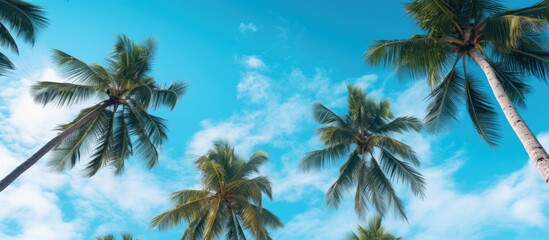 Obraz premium Summer palm trees silhouetted against a bright blue sky with fluffy white clouds creating a tropical paradise atmosphere.