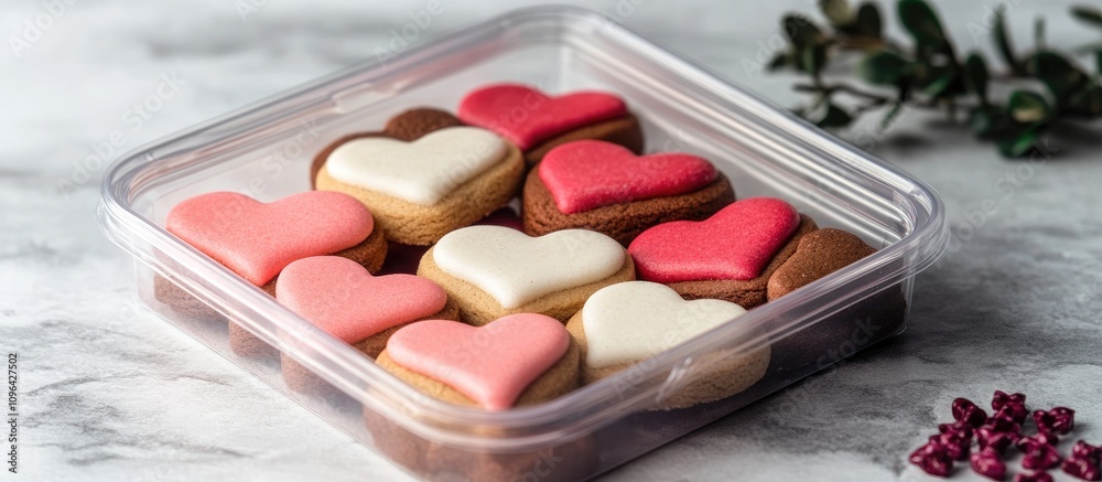 Poster colorful heart-shaped gingerbread cookies with icing in a clear plastic container on a marble surfac