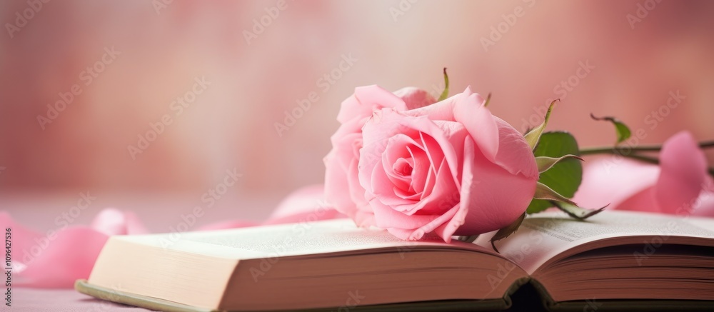 Aufkleber Pink rose on an open book with a dreamy bokeh background creating a delicate and romantic atmosphere. Perfect for floral and literature themes.