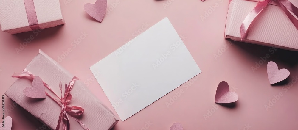 Poster flat lay of pink gift boxes and paper hearts with a blank card on pink background ideal for festive 