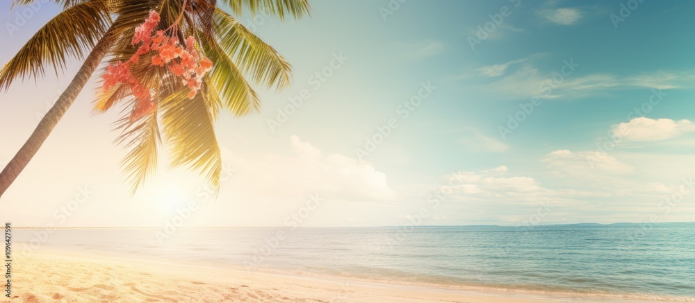 Poster tropical beach sunset with palm trees creating a serene summer vacation atmosphere perfect for trave