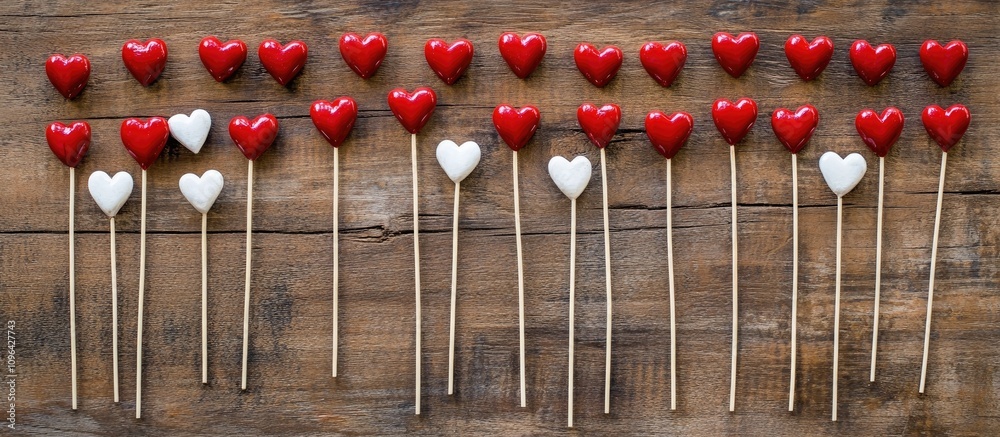 Poster red and white heart decorations on sticks arranged neatly on a rustic wooden surface with a romantic