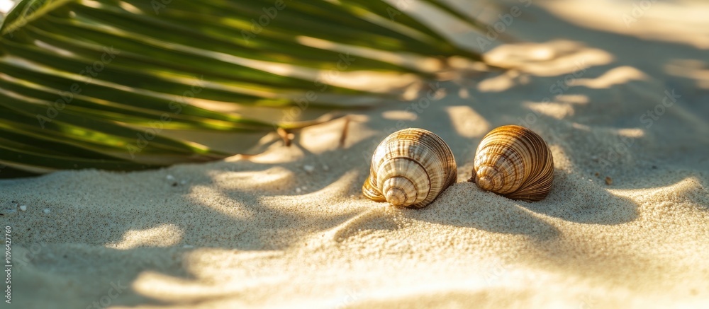 Poster Tiny molluscs resting on sandy beach under sunlight with palm leaves in background creating a tranquil coastal scene