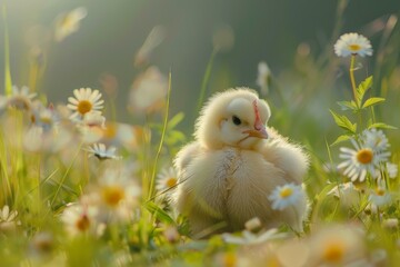 Small yellow chick relaxing in a field of daisies, enjoying the warm sunlight