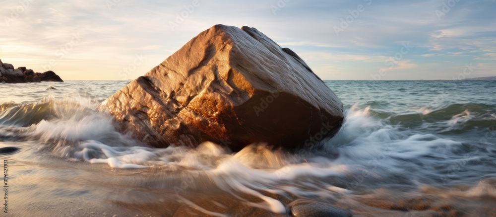Poster ocean rock during sunset with gentle waves lapping against the shore creating a serene coastal atmos