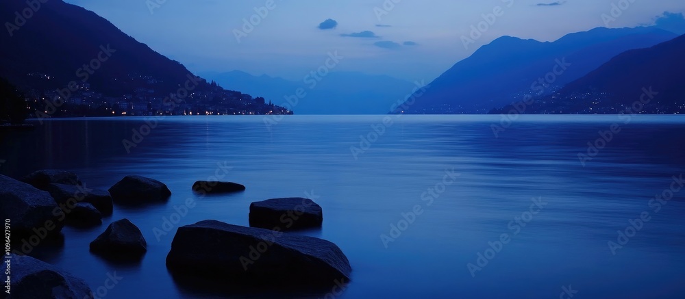 Poster tranquil lake at dusk with smooth water and stone foreground creating a serene atmosphere in soft bl