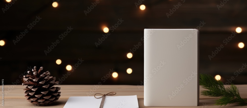 Aufkleber Minimalist cozy setup with blank notebook pine cones and greenery on wooden table creating a serene atmosphere with soft bokeh lights