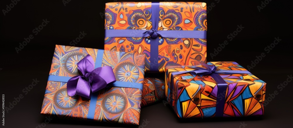 Poster Colorful gift boxes with intricate patterns and purple ribbons arranged on a dark background creating a festive and vibrant atmosphere