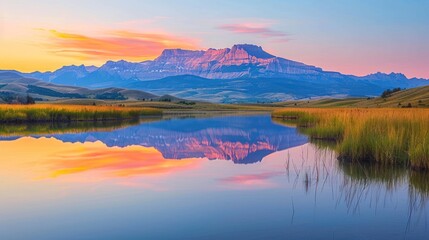 Sunrise mountain reflection in calm lake.