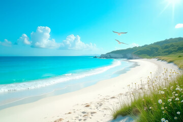 A calm beach scene with flying seagulls and a serene mood against a bright blue sky  