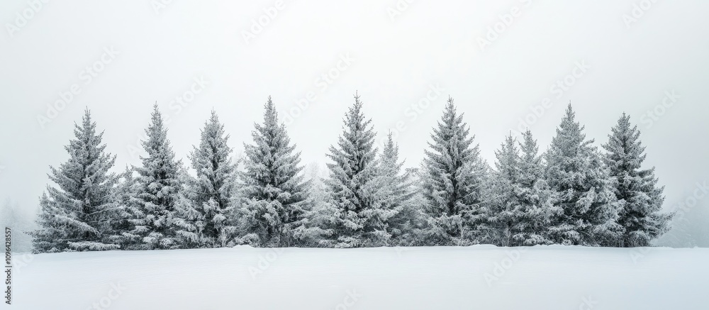 Poster winter landscape with snow-covered evergreen trees under a foggy sky creating a serene new year's da