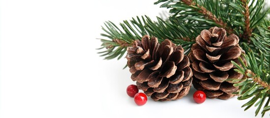 Christmas pine cones with red berries and evergreen branches on a white background creating a festive seasonal decoration theme