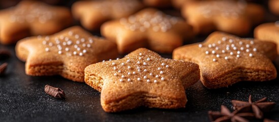 Star shaped gingerbread cookies decorated with pearls on a dark surface surrounded by spices creating a festive and cozy atmosphere