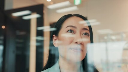 Japanese, business and woman for thinking by window with memory, corporate career and financial solution. Smile, female accountant and reflection for investment growth, inspiration and ideas in Japan