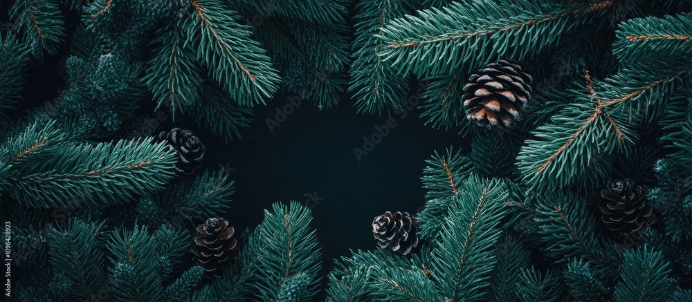 Poster Spruce branches with green cones and pinecones creating a festive Christmas backdrop ideal for adding custom text or holiday messages
